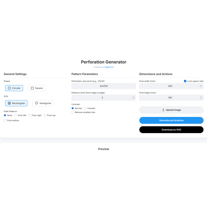 Photo Perforation Generator. Create unique laser cutting patterns. Quick, easy, and high-quality SVG.
