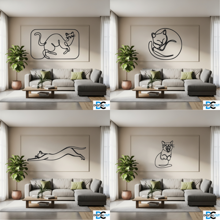 Zestaw 30 kotów line art – pliki DXF, DWG, SVG do cięcia i druku