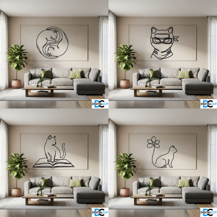 Zestaw 30 kotów line art – pliki DXF, DWG, SVG do cięcia i druku