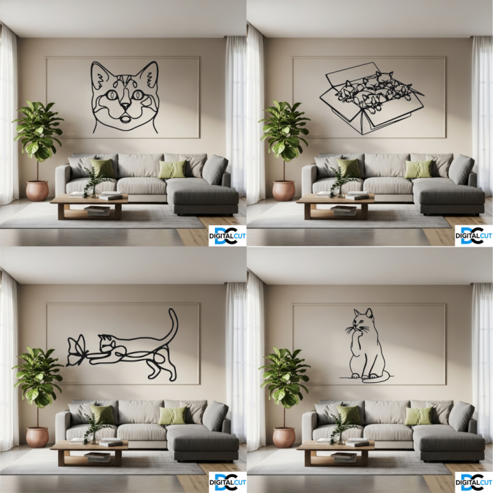 Zestaw 30 kotów line art – pliki DXF, DWG, SVG do cięcia i druku