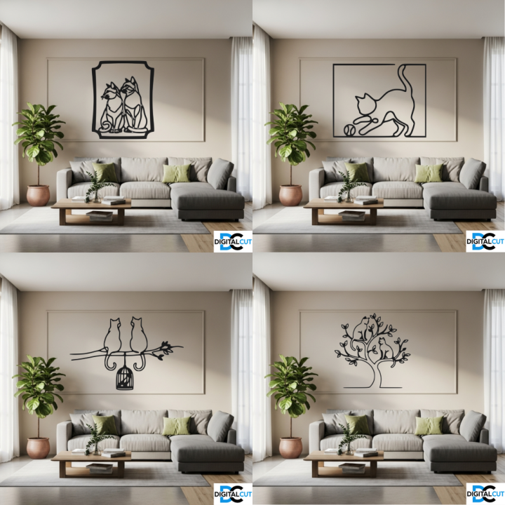 Zestaw 30 kotów line art – pliki DXF, DWG, SVG do cięcia i druku