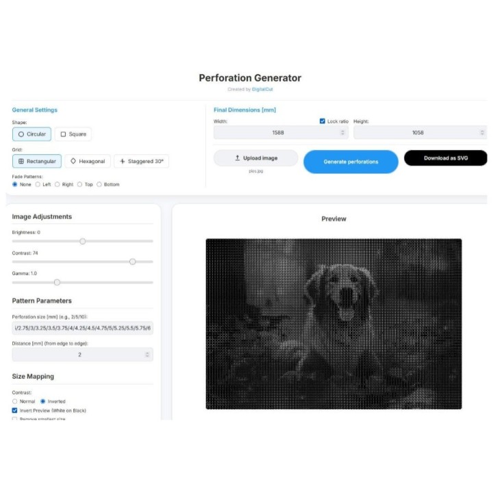 Photo Perforation Generator. Create unique laser cutting patterns. Quick, easy, and high-quality SVG.